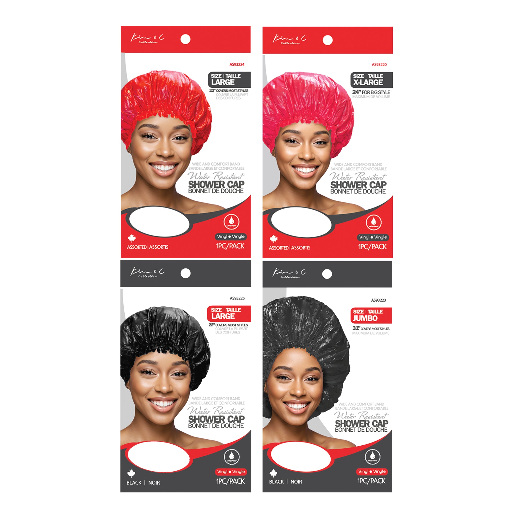 Four shower cap packages with models wearing shower caps on a white background