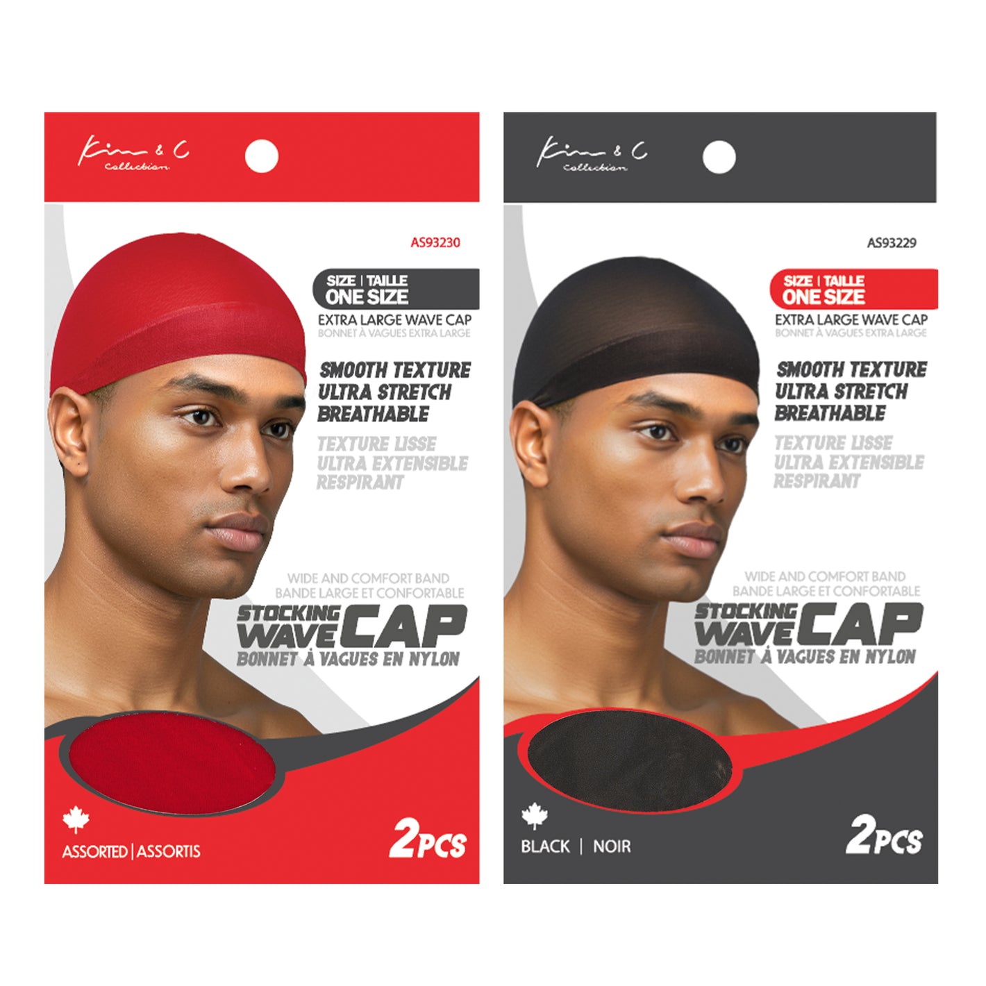 Two packages of stocking wave caps, one red and one black, with a mannequin wearing each color on the packaging.