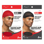 Two packages of stocking wave caps, one red and one black, with a mannequin wearing each color on the packaging.
