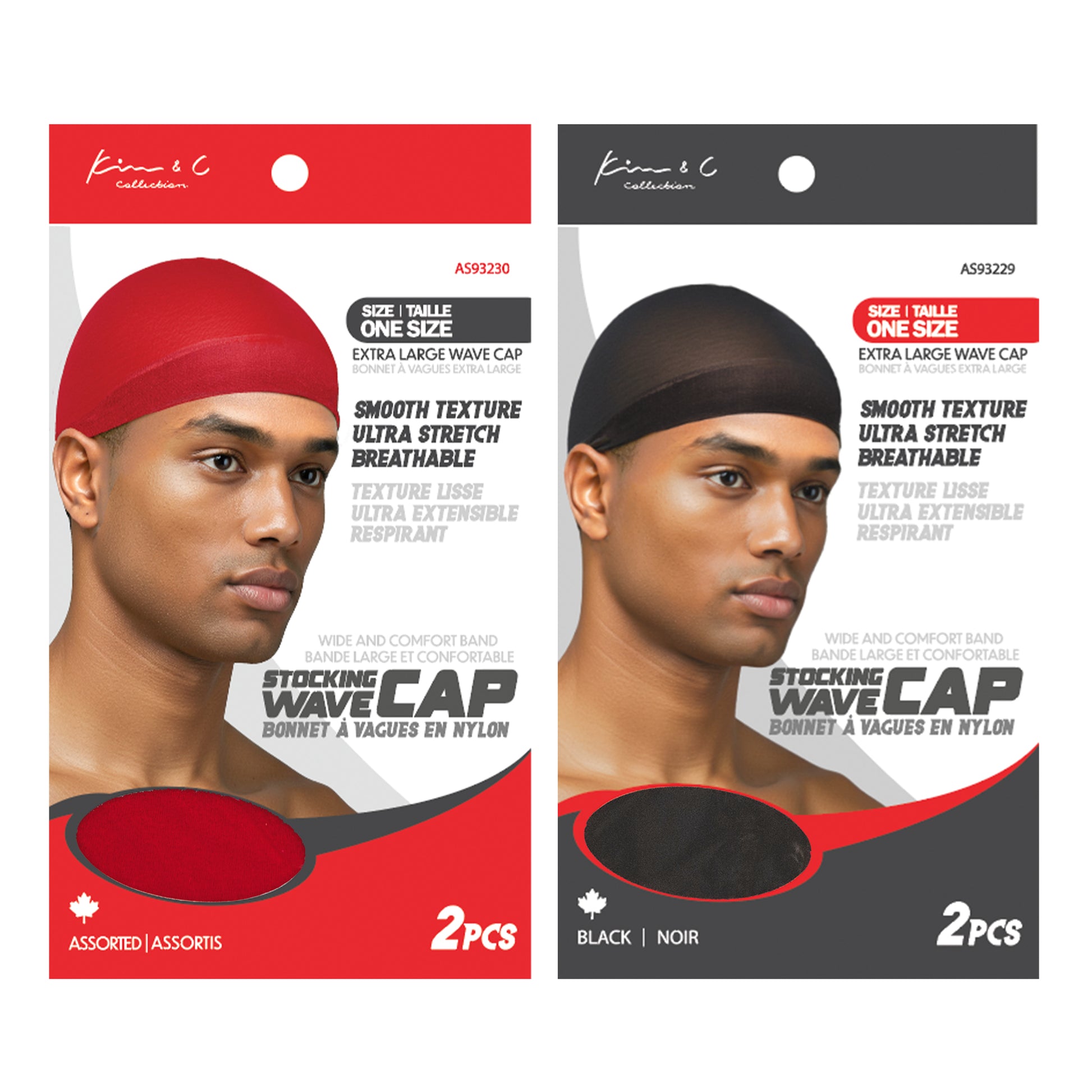 Two packages of stocking wave caps, one red and one black, with a mannequin wearing each color on the packaging.