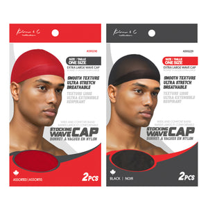 Two packages of stocking wave caps, one red and one black, with a mannequin wearing each color on the packaging.