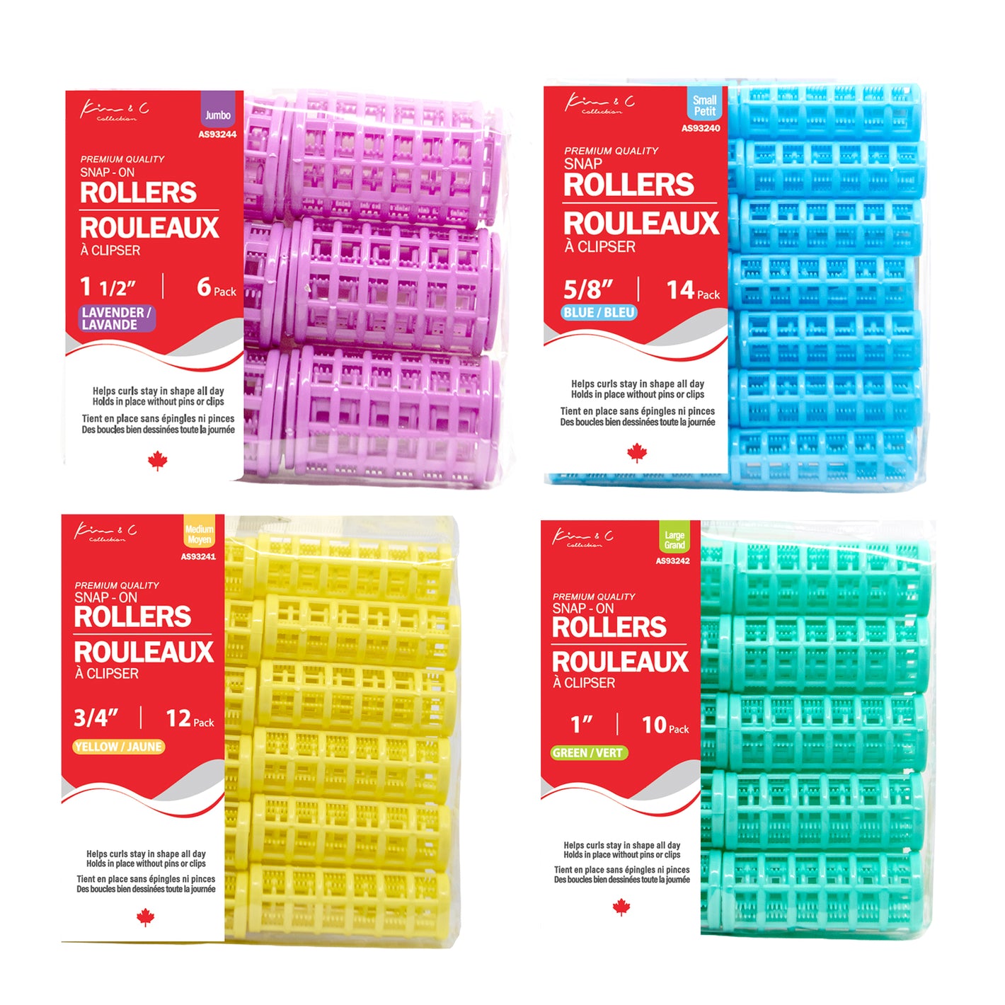 Four packages of hair rollers in different colors with red labels.