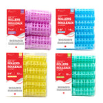 Four packages of hair rollers in different colors with red labels.