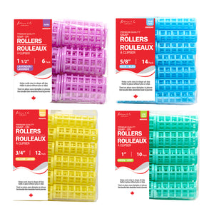Four packages of hair rollers in different colors with red labels.