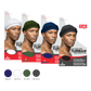 Four packages of silky satin lined turbans in navy, white, olive, and black with models wearing the turbans.