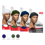 Four packages of silky satin lined turbans in navy, white, olive, and black with models wearing the turbans.