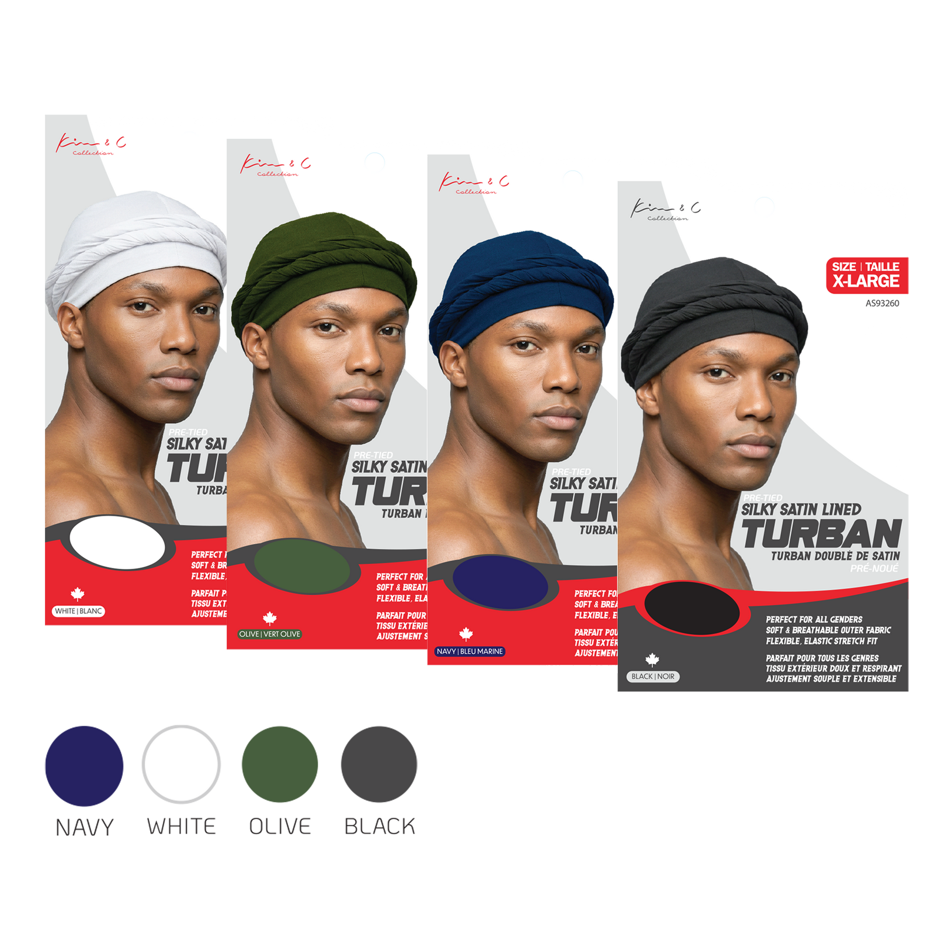 Four packages of silky satin lined turbans in navy, white, olive, and black with models wearing the turbans.