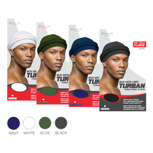 Four packages of silky satin lined turbans in navy, white, olive, and black with models wearing the turbans.