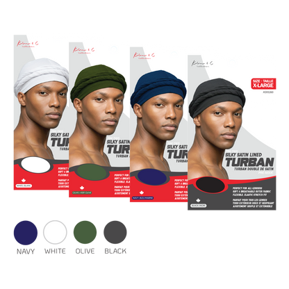 Four packages of silky satin lined turbans in navy, white, olive, and black with models wearing the turbans.