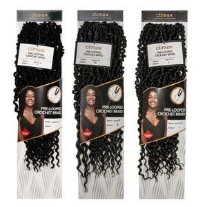 Three packages of climax pre-looped crochet braid hair extensions on a white background.