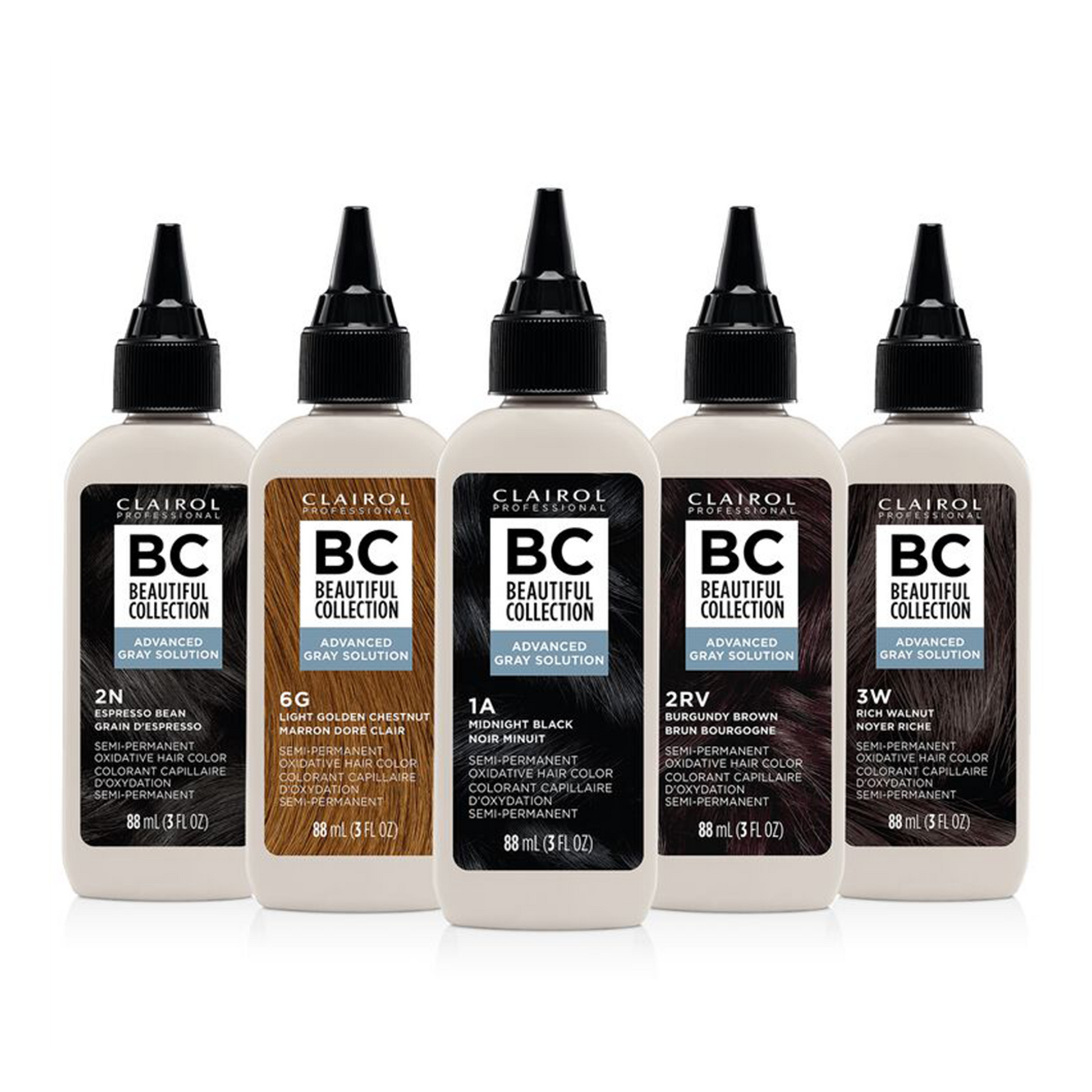 Five Clairol BC Beautiful Collection hair color bottles on a white background