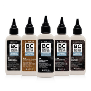 Five Clairol BC Beautiful Collection hair color bottles on a white background