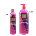 Two bottles of BTL Oil Moisturizer Hair Lotion, one 12oz and one 32oz, on a white background.
