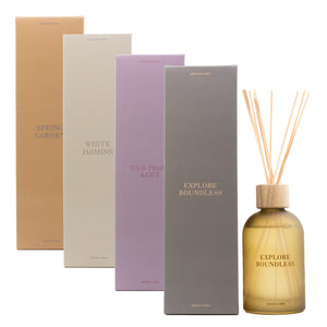 Set of diffuser bottles and boxes with 'Explore Boundless' branding on a white background