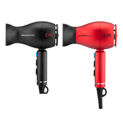 Black and red hair dryers with 'CHI' branding on a white background