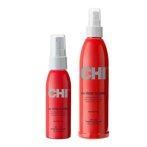 Two red bottles of CHI 44 Iron Guard on a white background