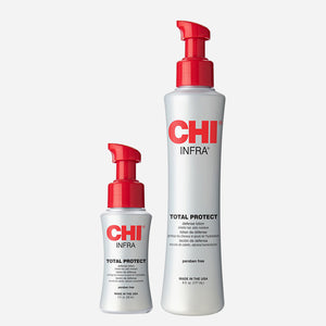 Two CHI Infra Total Protect bottles with red caps on a white background