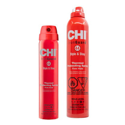 Two red bottles of CHI Iron Guard thermal protecting spray on a white background