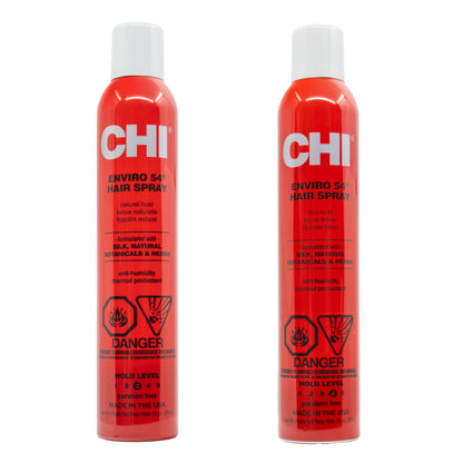 Two bottles of CHI Enviro 54 Hair Spray on a white background