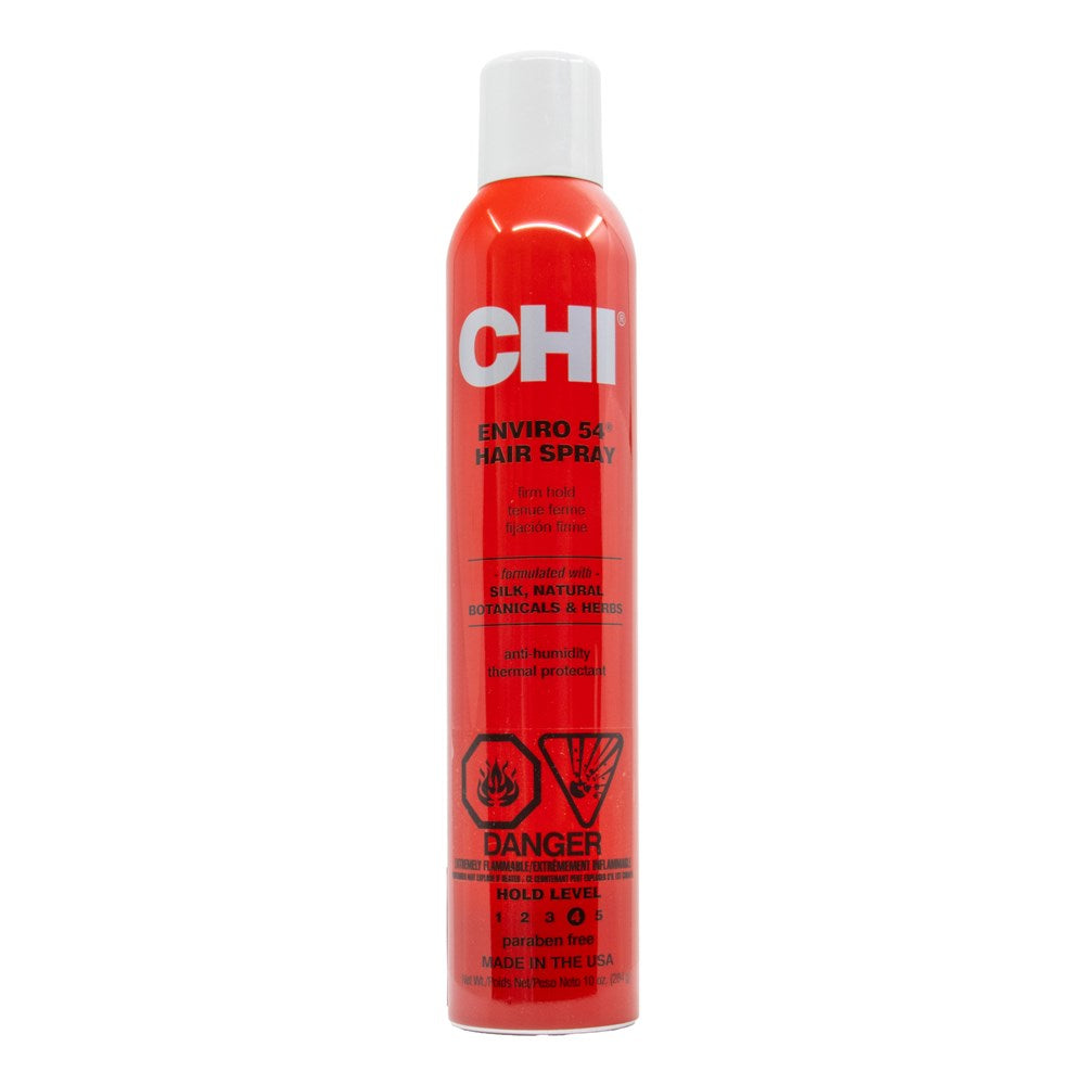 Red can of CHI Enviro 54 hair spray on a white background