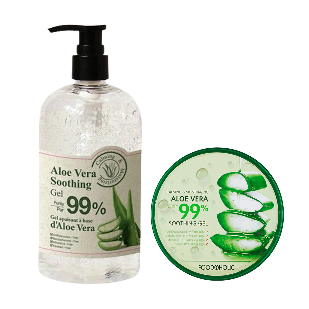 A bottle of Food & Holic Aloe Vera Soothing Gel next to a round tin of the same product, both showing 99% Aloe Vera Party Purifying Soothing Gel on a white background.