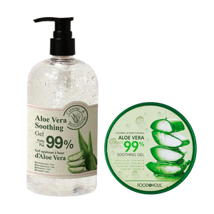 A bottle of Food & Holic Aloe Vera Soothing Gel next to a round tin of the same product, both showing 99% Aloe Vera Party Purifying Soothing Gel on a white background.