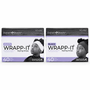 Two boxes of Grahani Beauty WRAPP-IT Styling Strips side by side on a white background, one labeled WHITE and the other labeled BLACK.
