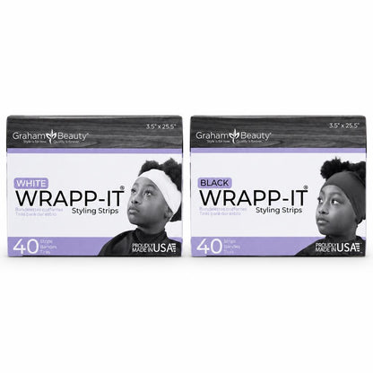 Two boxes of Grahani Beauty WRAPP-IT Styling Strips side by side on a white background, one labeled WHITE and the other labeled BLACK.