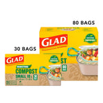 Two boxes of Glad compostable bags with text indicating quantity on a white background.