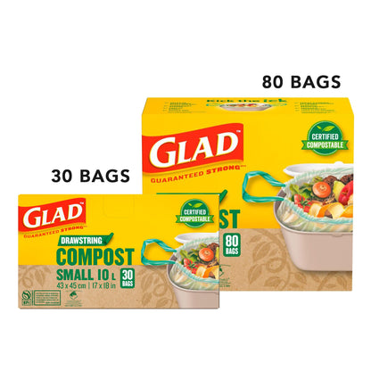 Two boxes of Glad compostable bags with text indicating quantity on a white background.