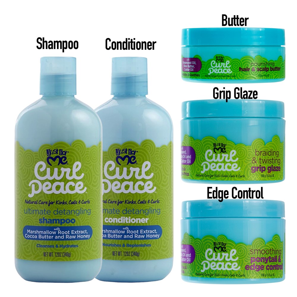 JUST FOR ME Curl Peace Kids Styling Bundle (Edge Control+Detangling Shampoo & Conditioner+Butter+Glaze)