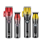 Set of four hair trimmers in red, yellow, and black on a white background