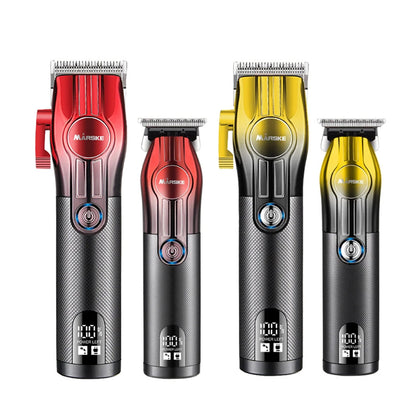 Set of four hair trimmers in red, yellow, and black on a white background