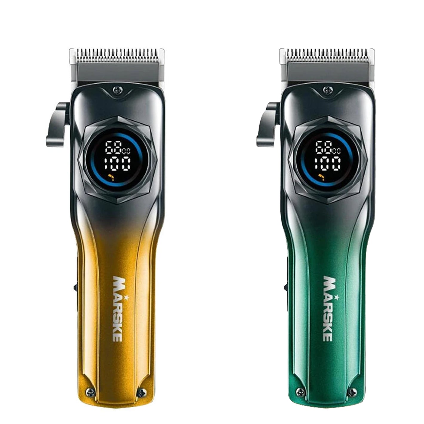 Two hair trimmers, one orange and one green, with digital displays on a white background.