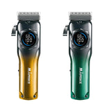 Two hair trimmers, one orange and one green, with digital displays on a white background.