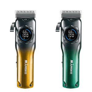 Two hair trimmers, one orange and one green, with digital displays on a white background.