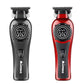 Two electric shavers, one black and one red, with digital display and brand name on a white background.
