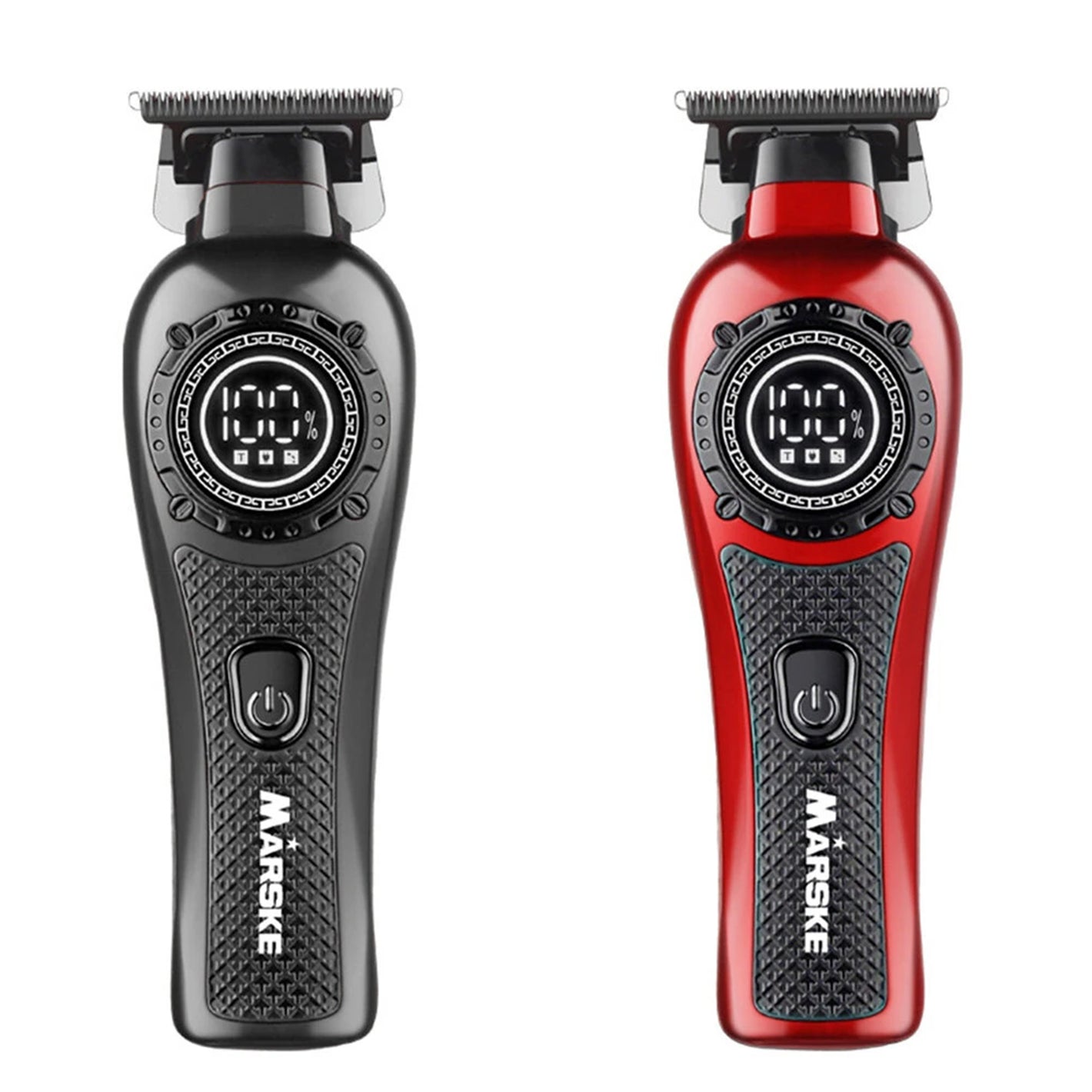 Two electric shavers, one black and one red, with digital display and brand name on a white background.