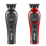 Two electric shavers, one black and one red, with digital display and brand name on a white background.