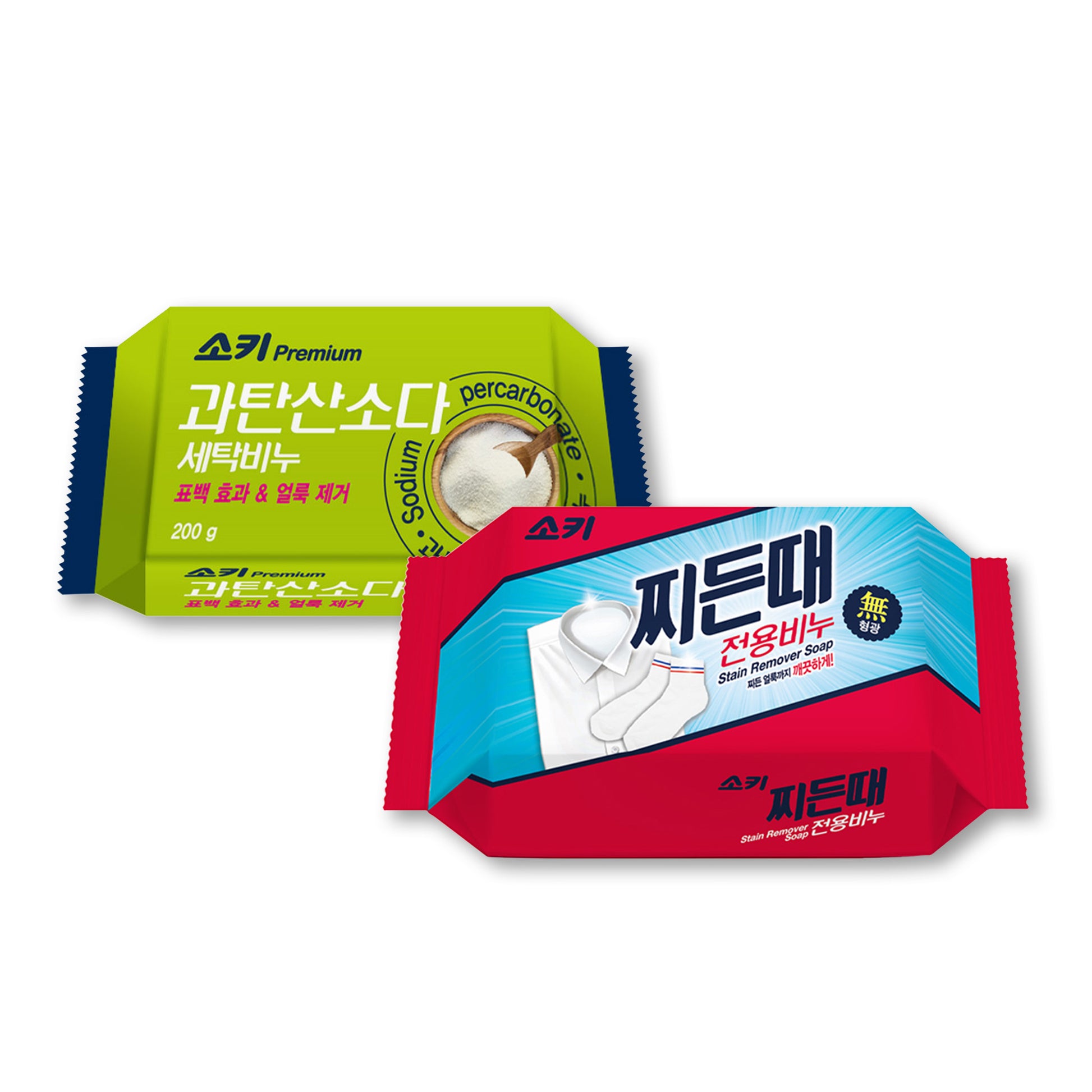Two packages of cleaning products with Korean text on a white background