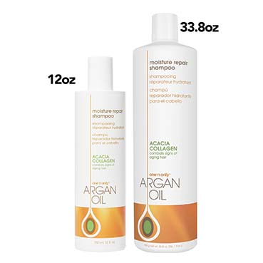 Two bottles of Argan Oil shampoo with different sizes on a white background