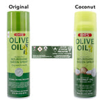Two cans of ORS Olive Oil Nourishing Sheen Spray, one labeled 'Original' and the other labeled 'Coconut', on a white background.