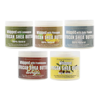 Five jars of African Shea Butter with various scents on a white background