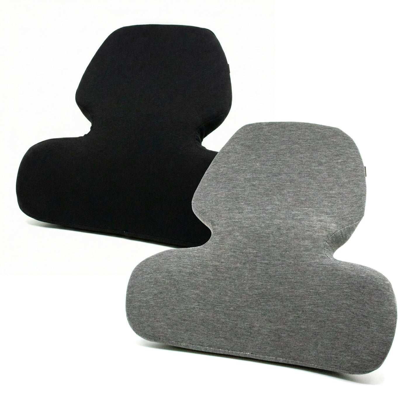 Black and gray back pillows on a white background