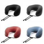 Four neck pillows in black, red, and blue on a white background