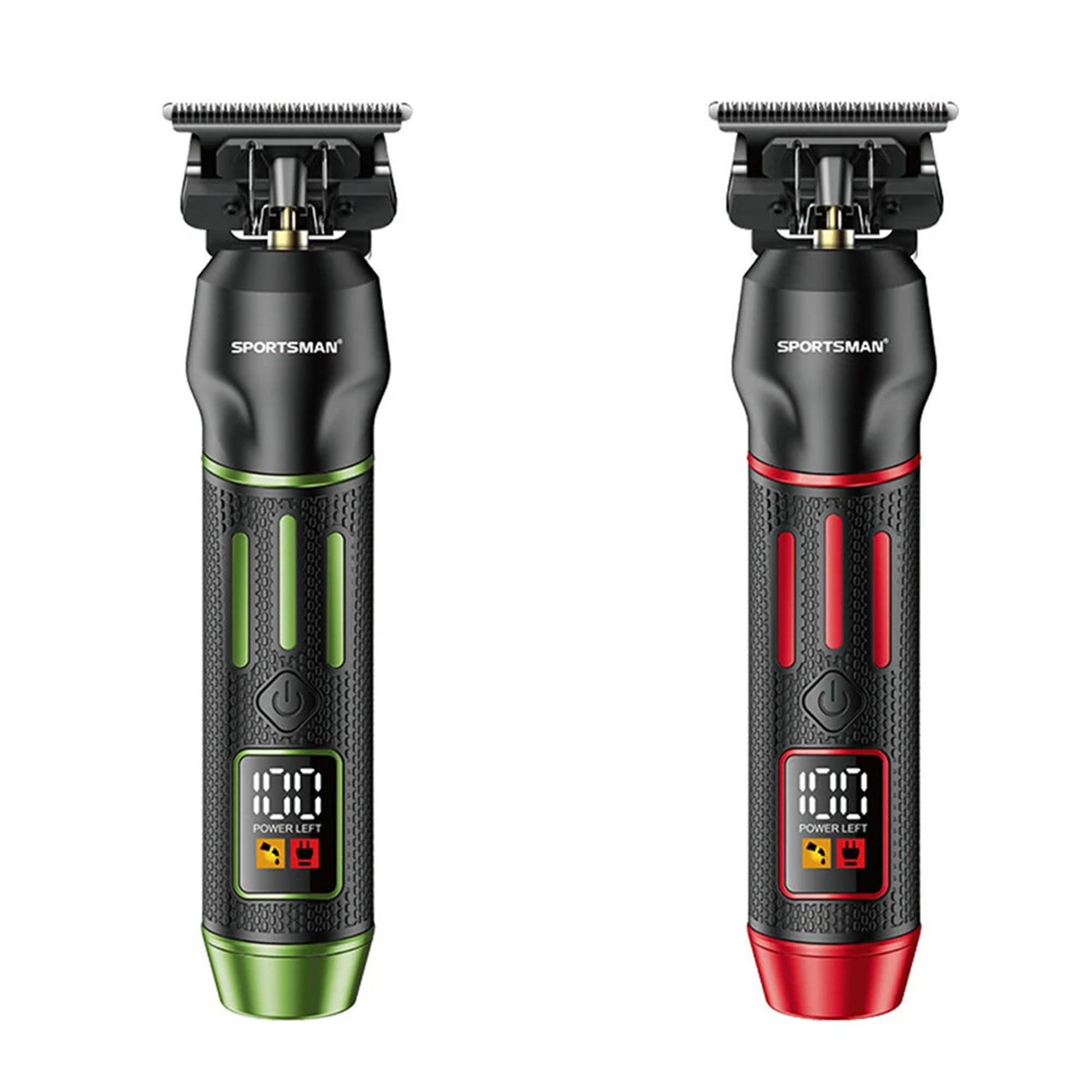 Two Sportsman brand hair trimmers, one green and one red, on a white background.