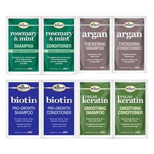 Collection of Difeel hair care product packages on a white background