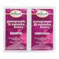 Two Difeel pomegranate & manuka honey shampoo and conditioner packets on a white background