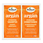 Two Difeel argón hydrating shampoo and conditioner packages on a white background.