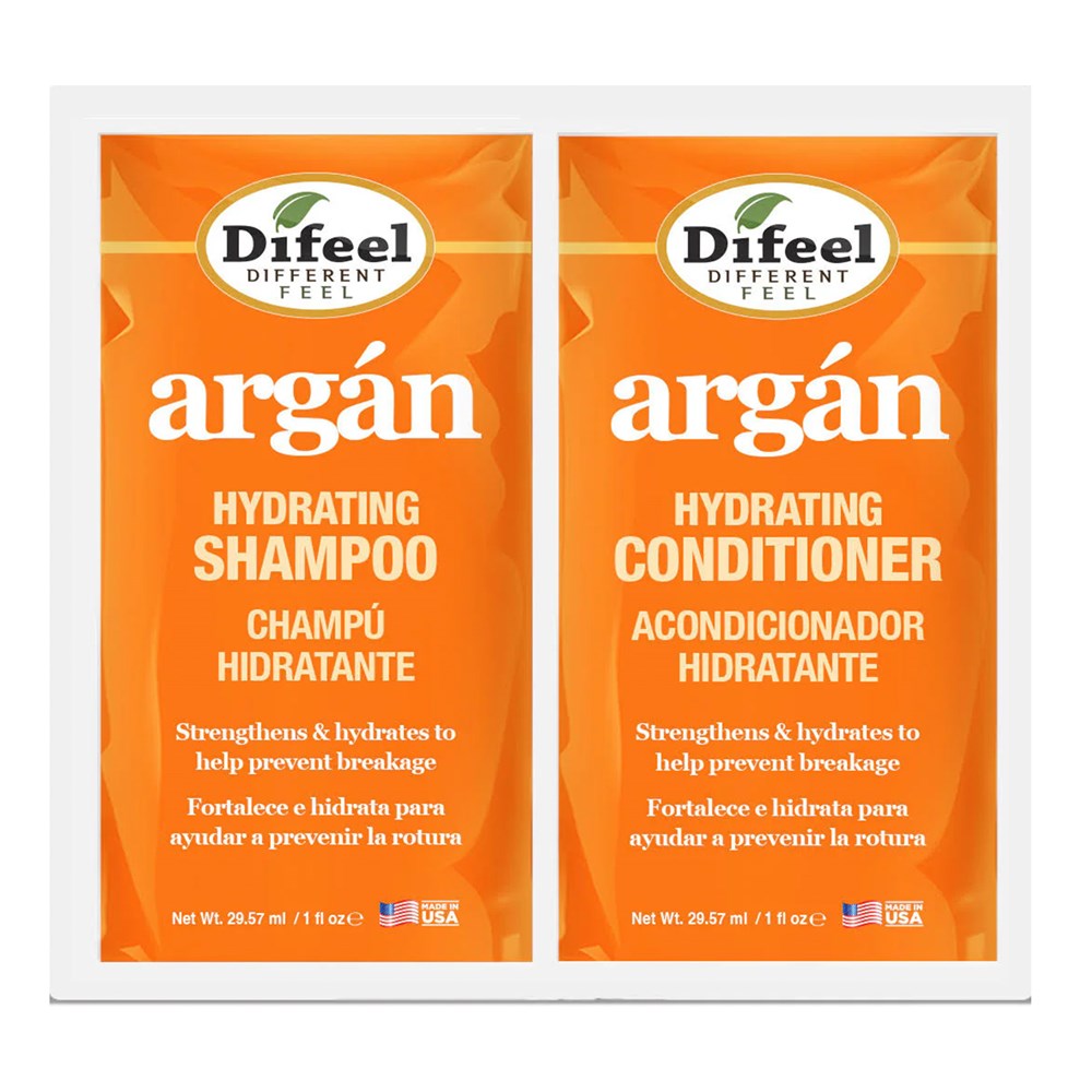 Two Difeel argón hydrating shampoo and conditioner packages on a white background.
